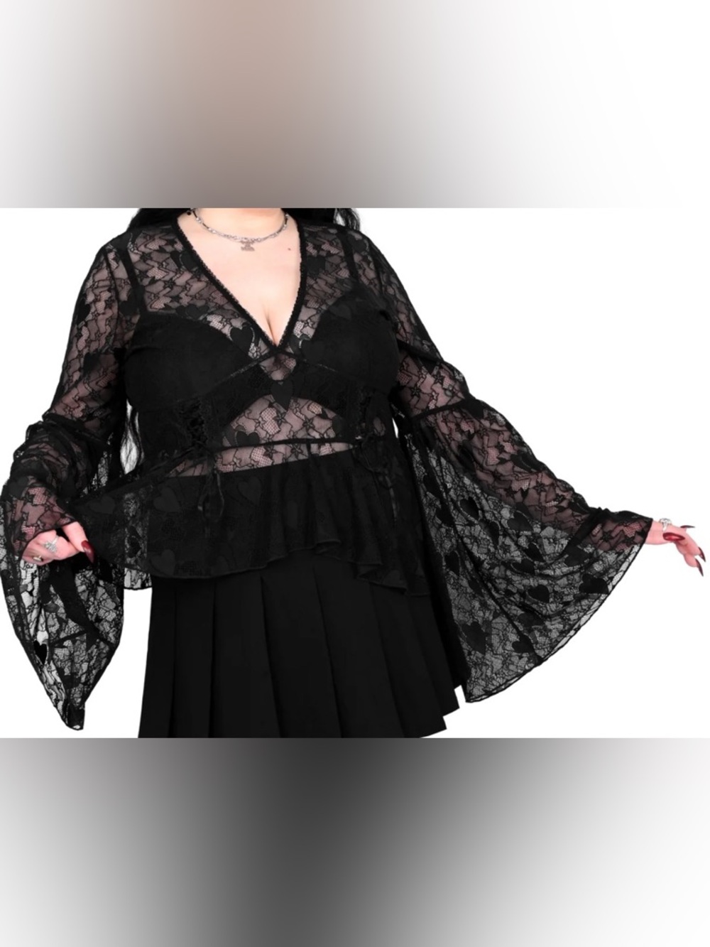 Foxblood Black Lace Peplum Bell Sleeve Top